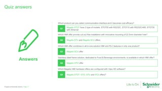 Property of Schneider Electric |
Quiz answers
Page 17
Which product can you select communication interface and it becomes cost efficacy?
Q1
Magelis STO7 have 3 type of models. STO705 with RS232C, STO715 with RS232C/485, STO735
with Ethernet
Which HMI offer provide cut-out free installation with innovative mounting of 22.5mm diameter hole?
Q2 Magelis STU and Magelis SCU offers
Which HMI offer combines in all-in-one solution HMI and PLC features in only one product?
Q3 Magelis SCU offer
Stainless steel frame solution, dedicated to Food & Beverage environments, is available in which HMI offer?
Q4 Magelis GTO offer
Which Magelis HMI hardware offers are configured with Vijeo XD software?
Q5 Magelis STO7, GTO, GTU and iPCs offers?
Answers
 