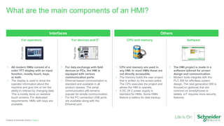 What are the main components of an HMI?
Page 5Property of Schneider Electric |
OthersInterfaces
• All modern HMIs consist of a
color TFT display with an input
function, mostly touch, keys,
or both.
• The display is used to show the
operator information about the
machine and give him or her the
ability to interact by changing data.
This is mostly done on resistive
touch screens. For dedicated
requirements, HMIs with keys are
available.
For operators
• For data exchange with field
devices or PCs, the HMI is
equipped with various
communication ports.
• Ethernet-based communication is
standard and available in all
product classes. The serial
communication still remains
popular for simple communication.
• For the PC connection USB ports
are available along with the
Ethernet port.
For devices and IT
• CPU and memory are used in
any HMI. In most HMIs these are
not directly accessible.
• The memory holds the user project
that is written by the screen editor.
The CPU executes the project and
allows the HMI to operate.
• A DC 24 V power supply is
standard for HMIs. Some HMIs
feature a battery for data backup.
CPU and memory
• The HMI project is made in a
software tailored for screen
design and communication.
• Modern tools integrate with the
PLC SW for effortless system
design. The next generation SW is
focused on gestures that are
common on smartphones or
tablets. IoT requires more security
features.
Software
Frontside
Rearside
 