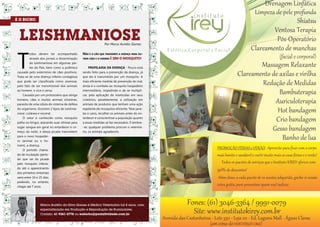 Drenagem Linfática
                                                                                                                    instituto                             Limpeza de pele profunda
                                                                                                                                                                        Shiatsu
     BANHO E TOSA VIGIADOS                                                                                                                                      Ventosa Terapia
      LEISHMANIOSE                                                                                                                                               Pós-Operatório
                                                                                                                                                        Clareamento de manchas
                                                                    Por Marco Aurélio Gomes
                                                                                                      Estética Corporal e Facial

     t                                                                                                                                                                     (facial e corporal)
               odos devem ter acompanhado           Não é o cão que traNsmite a doeNça para ou-
               através dos jornais a disseminação   tros cães e o homem é sim o mosquito!
               da Leishmaniose em algumas par-
               tes do país, bem como a polêmica          PROFILAXIA DA DOENÇA - pouco está
                                                                                                                                                      Massagem Relaxante
     causada pelo extermínio de cães positivos.
     trata-se de uma doença infecto contagiosa
                                                    sendo feito para a prevenção da doença, já
                                                    que ela é transmitida por um mosquito. A
                                                                                                                                              Clareamento de axilas e virilha
     que pode ser classificada como zoonose,
     pelo fato de ser transmissível dos animais
                                                    mais eficiente medida de prevenção do mal,
                                                    ainda é o combate ao mosquito hospedeiro
                                                                                                                                                      Redução de Medidas
     ao homem, e vice e versa.
         causada por um protozoário que atinge
                                                    intermediário, impedindo-o de se multipli-
                                                    car, pela aplicação de inseticidas em seus
                                                                                                                                                             Bambuterapia
     homens, cães e muitos animais silvestres,
     parasita de uma célula do sistema de defesa
                                                    criatórios, paralelamente, a utilização em
                                                    animais de produtos que tenham uma ação
                                                                                                                                                           Auriculoterapia
     do organismo. ocorrem 2 tipos de Leishma-
     niose: cutânea e visceral.
                                                    repelente de mosquitos eficiente. Telar jane-
                                                    las e canis, recolher os animais antes do en-
                                                                                                                                                            Hot bandagem
         o vetor é conhecido como mosquito
     palha ou birigui, atacando suas vítimas para
                                                    tardecer e conscientizar a população quanto
                                                    a essas medidas se faz necessário. e lembre-
                                                                                                                                                           Crio bandagem
     sugar sangue em geral no entardecer e co-
     meço da noite, e dessa picada transmitem
                                                    -se: qualquer problema procure o veteriná-
                                                    rio, os animais agradecem.
                                                                                                                                                          Gesso bandagem
     para o novo hospedei-
     ro (animal ou o ho-
                                                                                                                                                              Banho de lua
     mem), a doença.
         o período chama-
                                                                                                                                 PROMOÇÃO FÉRIAS e VERÃO: Aproveite para ficar com o corpo
     do de incubação (perío-                                                                                                     mais bonito e saudável e curtir muito mais as suas férias e o verão!
     do que vai da picada
     pelo mosquito infecta-                                                                                                        Todos os pacotes de serviços que o Instituto KIREY oferece com
     do até o aparecimento
     dos primeiros sintomas)
                                                                                                                                 30% de descontos!
     varia entre 10 e 25 dias,                                                                                                    Além disso, a cada pacote de 10 sessões adquirido, ganhe 01 sessão
     podendo, no entanto,
     chegar até 7 anos.
                                                                                                                                 extra grátis, para presentear quem você indicar.


                                                                                                                 Fones: (61) 3046-3364 / 9991-0079
                                                                                                                   Site: www.institutokirey.com.br
                     Marco Aurélio da Silva Gomes é Médico Veterinário há 8 anos, com
                     especialização em Produção e Reprodução de Ruminantes.
                     Contato: 61 9261-2778 ou eobicho@posiatividade.com.br
                                                                                                    Avenida das Castanheiras - Lote 350 - Loja 121 - Ed. Laguna Mall - Águas Claras
28                                                                                                                          (em cima do HORTIFRUTI OBA)                                            29
 