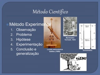 Luneta astronómica
Galileu (1608).
Método Experimental
1. Observação
2. Problema
3. Hipótese
4. Experimentação
5. Conclusão e
generalização
Termómetro
Barómetro
Torriceli, 1643
 