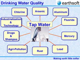 Making earth little softer
Drinking Water Quality
Industrialization
&
Technology
Industrialization
&
Technology
LeadLead
MercuryMercury
Agri-PollutionAgri-Pollution
Drugs
&
Shampoo
Drugs
&
Shampoo
ChlorineChlorine ArsenicArsenic
FluorideFluoride
AluminumAluminum
Tap Water
RustRust
 