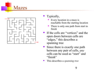 Mazes
           Typically,
                Every location in a maze is
                 reachable from the starting location
                There is only one path from start to
                 finish
           If the cells are “vertices” and the
            open doors between cells are
            “edges,” this describes a
            spanning tree
           Since there is exactly one path
            between any pair of cells, any
            cells can be used as “start” and
            “finish”
           This describes a spanning tree

                                        9
 