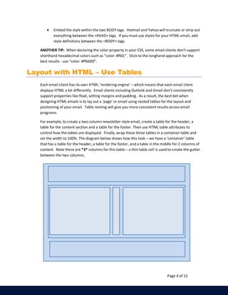 · Embed the style within the two BODY tags. Hotmail and Yahoo will truncate or strip out 
everything between the <HEAD> tags. If you must use styles for your HTML email, add 
style definitions between the <BODY> tags. 
ANOTHER TIP: When declaring the color property in your CSS, some email clients don’t support 
shorthand hexadecimal colors such as “color: #f60;”. Stick to the longhand approach for the 
best results - use “color: #ff6600”. 
Page 4 of 12 
Layout with HTML – Use Tables 
Each email client has its own HTML ‘rendering engine’ – which means that each email client 
displays HTML a bit differently. Email clients including Outlook and Gmail don’t consistently 
support properties like float, setting margins and padding. As a result, the best bet when 
designing HTML emails is to lay out a ‘page’ or email using nested tables for the layout and 
positioning of your email. Table nesting will give you more consistent results across email 
programs. 
For example, to create a two-column newsletter-style email, create a table for the header, a 
table for the content section and a table for the footer. Then use HTML table attributes to 
control how the tables are displayed. Finally, wrap these three tables in a container table and 
set the width to 100%. The diagram below shows how this look – we have a ‘container’ table 
that has a table for the header, a table for the footer, and a table in the middle for 2 columns of 
content. Note there are *3* columns for this table – a thin table cell is used to create the gutter 
between the two columns. 
 
