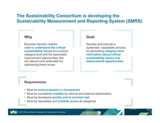 The Sustainability Consortium is developing the
Sustainability Measurement and Reporting System (SMRS)
Goal
Develop and execute a
systematic, repeatable process
for generating category level
information about critical
sustainability issues and
improvement opportunities.
Requirements
•! Must be science-based and transparent
•! Must be considered credible by internal and external stakeholders.
•! Must be developed quickly and at minimal cost.
•! Must be repeatable and scalable across all categories
Why
Business decision makers
need to understand the critical
sustainability issues at a product
category level and the associated
improvement opportunities that
are relevant and actionable for
addressing these issues.
 