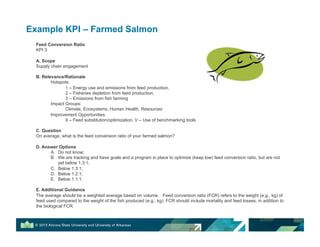 Example KPI – Farmed Salmon
Feed Conversion Ratio
KPI 3
A. Scope
Supply chain engagement
B. Relevance/Rationale
Hotspots:
1 – Energy use and emissions from feed production,
2 – Fisheries depletion from feed production,
3 – Emissions from fish farming
Impact Groups:
Climate, Ecosystems, Human Health, Resources
Improvement Opportunities:
II – Feed substitution/optimization, V – Use of benchmarking tools
C. Question
On average, what is the feed conversion ratio of your farmed salmon?
D. Answer Options
A.! Do not know;
B.! We are tracking and have goals and a program in place to optimize (keep low) feed conversion ratio, but are not
yet below 1.3:1;
C.! Below 1.3:1;
D.! Below 1.2:1;
E.! Below 1.1:1.
E. Additional Guidance
The average should be a weighted average based on volume. Feed conversion ratio (FCR) refers to the weight (e.g., kg) of
feed used compared to the weight of the fish produced (e.g., kg). FCR should include mortality and feed losses, in addition to
the biological FCR.
 