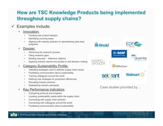 How are TSC Knowledge Products being implemented
throughout supply chains?
15
!! Examples include:
•! Innovation:
•! Creating new product designs
•! Identifying sourcing areas
•! Aligning with industry partners on standardizing take-back
programs
•! Dossier:
•! Advancing the research process
•! Filling research gaps
•! Building resumes - reference citations
•! Applying industry reports and studies to real decision making
•! Category Sustainability Profile:
•! Validating strategies used to address supply chain issues
•! Facilitating communication about sustainability
•! Training colleagues around the world
•! Defining new strategies for production efficiencies
•! Educating industry partners
•! Establishing industry standards
•! Key Performance Indicators:
•! Comparing products and progress.
•! Locating sustainability needs within the supply chain.
•! Connecting with supply chain partners
•! Connecting with colleagues around the world
•! Facilitating communication about sustainability
Case studies provided by…
 