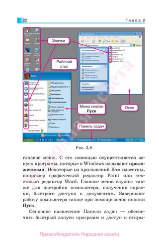 Г л а в а 222
главное меню. С его помощью осуществляется за-
пуск программ, которые в Windows называют прило-
жениями. Некоторые из приложений Вам известны,
например графический редактор Paint или тек-
стовый редактор Word. Главное меню служит так-
же для настройки компьютера, получения справ-
ки, быстрого доступа к документам. Завершают
работу компьютера также при помощи меню кнопки
Пуск.
Основное назначение Панели задач — обеспе-
чить быстрый запуск программ и доступ к откры-
Панель задач
Значки
Меню кнопки
Пуск
Рабочий
стол
Окно
Рис. 2.8
Народная
асвета
Правообладатель Народная асвета
 