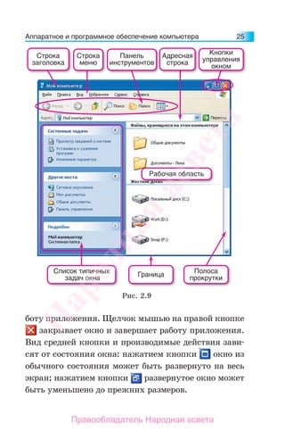 Аппаратное и программное обеспечение компьютера 25
боту приложения. Щелчок мышью на правой кнопке
закрывает окно и завершает работу приложения.
Вид средней кнопки и производимые действия зави-
сят от состояния окна: нажатием кнопки окно из
обычного состояния может быть развернуто на весь
экран; нажатием кнопки развернутое окно может
быть уменьшено до прежних размеров.
Строка
заголовка
Строка
меню
Панель
инструментов
Полоса
прокрутки
Граница
Рабочая область
Список типичных
задач окна
Адресная
строка
Кнопки
управления
окном
Рис. 2.9
Народная
асвета
Правообладатель Народная асвета
 