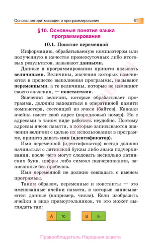 Основы алгоритмизации и программирования 61
§10. Основные понятия языка
программирования
10.1. Понятие переменной
Информацию, обрабатываемую компьютером или
полученную в качестве промежуточных либо итого-
вых результатов, называют данными.
Данные в программировании принято называть
величинами. Величины, значения которых изменя-
ются в процессе выполнения программы, называют
переменными, а те величины, которые не изменяют
своего значения, — константами.
Значения величин, которые обрабатывает про-
грамма, должны находиться в оперативной памяти
компьютера, состоящей из ячеек (байтов). Каждая
ячейка имеет свой адрес (порядковый номер). Но с
адресами в таком виде работать неудобно. Поэтому
адресам ячеек памяти, в которые записываются зна-
чения величин с целью их использования в програм-
ме, принято давать имя (идентификатор).
Имя переменной (идентификатор) всегда должно
начинаться с латинской буквы либо знака подчерки-
вания, после чего могут следовать несколько латин-
ских букв, цифры либо символ подчеркивания, за-
писанные без пробелов.
Имя переменной не должно совпадать с именем
программы.
Таким образом, переменные и константы — это
именованные ячейки памяти, в которые записыва-
ются данные (например, числа). Если изобразить
ячейки в виде прямоугольников, то это может вы-
глядеть так:
A 10 B 6
Народная
асвета
Правообладатель Народная асвета
 