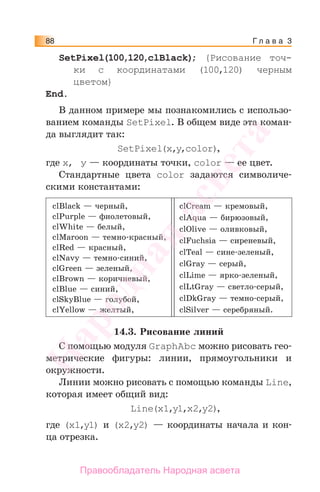 Г л а в а 388
SetPixel(100,120,clBlack); {Рисование точ-
ки с координатами (100,120) черным
цветом}
End.
В данном примере мы познакомились с использо-
ванием команды SetPixel. В общем виде эта коман-
да выглядит так:
SetPixel(x,y,сolor),
где х, у — координаты точки, сolor — ее цвет.
Стандартные цвета сolor задаются символиче-
скими константами:
clBlack — черный,
clPurple — фиолетовый,
clWhite — белый,
clMaroon — темно-красный,
clRed — красный,
clNavy — темно-синий,
clGreen — зеленый,
clBrown — коричневый,
clBlue — синий,
clSkyBlue — голубой,
clYellow — желтый,
clCream — кремовый,
clAqua — бирюзовый,
clOlive — оливковый,
clFuchsia — сиреневый,
clTeal — сине-зеленый,
clGray — серый,
clLime — ярко-зеленый,
clLtGray — светло-серый,
clDkGray — темно-серый,
clSilver — серебряный.
14.3. Рисование линий
С помощью модуля GraphAbc можно рисовать гео-
метрические фигуры: линии, прямоугольники и
окружности.
Линии можно рисовать с помощью команды Line,
которая имеет общий вид:
Line(x1,y1,x2,y2),
где (x1,y1) и (x2,y2) — координаты начала и кон-
ца отрезка.
Народная
асвета
Правообладатель Народная асвета
 
