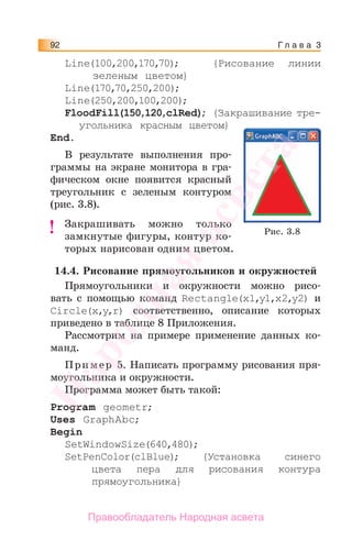 Г л а в а 392
Line(100,200,170,70); {Рисование линии
зеленым цветом}
Line(170,70,250,200);
Line(250,200,100,200);
FloodFill(150,120,clRed); {Закрашивание тре-
угольника красным цветом}
End.
В результате выполнения про-
граммы на экране монитора в гра-
фическом окне появится красный
треугольник с зеленым контуром
(рис. 3.8).
Закрашивать можно только
замкнутые фигуры, контур ко-
торых нарисован одним цветом.
14.4. Рисование прямоугольников и окружностей
Прямоугольники и окружности можно рисо-
вать с помощью команд Rectangle(x1,y1,x2,y2) и
Circle(x,y,r) соответственно, описание которых
приведено в таблице 8 Приложения.
Рассмотрим на примере применение данных ко-
манд.
Пример 5. Написать программу рисования пря-
моугольника и окружности.
Программа может быть такой:
Program geometr;
Uses GraphAbc;
Begin
SetWindowSize(640,480);
SetPenColor(clBlue); {Установка синего
цвета пера для рисования контура
прямоугольника}
! Рис. 3.8
Народная
асвета
Правообладатель Народная асвета
 