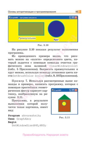 Основы алгоритмизации и программирования 95
На рисунке 3.10 показан результат выполнения
программы.
Из приведенного примера видно, что рисо-
вать можно на «холсте» определенного цвета, ко-
торый задается с помощью команды очистки гра-
фического окна заливкой ClearWindow(color)
(табл. 5 Приложения). Закрасить прямоугольник и
круг можно, используя команду установки цвета ки-
стиSetBrushColor (color)(табл.9,10Приложения).
Пример 7. Используя рассмотренные выше ко-
манды и примеры, написать программу, которая с
помощью простейших геомет-
рических фигур нарисует кар-
тинку, изображенную на ри-
сунке 3.11.
Программа, в результате
выполнения которой полу-
чится такая картинка, имеет
вид:
Program skvoreshnik;
Uses GraphAbc;
Begin
SetWindowSize(640,480);
Рис. 3.10
Рис. 3.11
Народная
асвета
Правообладатель Народная асвета
 