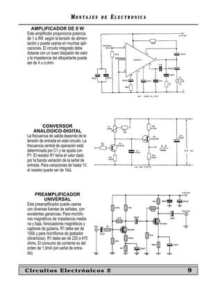 MM O N TO N T A J E SA J E S D ED E EE L E C T R O N I C AL E C T R O N I C A
AMPLIFICADOR DE 8 W
Este ampliﬁcdor proporciona potencia
de 1 a 8W, según la tensión de alimen-
tación y puede usarse en muchas apli-
caciones. El circuito integrado debe
dotarse con un buen disipador de calor
y la impedancia del altoparlante puede
ser de 4 u o ohm.
CONVERSOR
ANALOGICO-DIGITAL
La frecuencia de salida depende de la
tensión de entrada en este circuito. La
frecuencia central de operación está
determinada por C1 y se ajusta con
P1. El resistor R1 tiene el valor dado
por la banda variación de la señal de
entrada. Para variaciones de hasta 1V,
el resistor puede ser de 1kΩ.
PREAMPLIFICADOR
UNIVERSAL
Este preampliﬁcador puede usarse
con diversas fuentes de señales, con
excelentes ganancias. Para micrófo-
nos magnéticos de impedancia media-
na y baja, fonocaptores magnéticos y
captores de guitarra, R1 debe ser de
100k y para micrófonos de grabador
(dinámicos), R1 debe ser de 220 a 470
ohms. El consumo de corriente es del
orden de 1,5mA (sin señal de entra-
da).
Circuitos Electrónicos 2 9
 