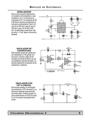 MM O N TO N T A J E SA J E S D ED E EE L E C T R O N I C AL E C T R O N I C A
SEÑALIZADOR
Este circuito encuentra aplicaciones
en modelismo (ferromodelismo, nauti-
modelismo, etc.) y su frecuencia es
controlada en P1. Los resistores de R3
a R6 tienen valores que dependen de
la tensión de alimentación. Para 5 ó 6
volt son de 220 ohm, para 9V son de
330 ohm y para 12V de 560 ó 680
ohm. El electrolítico puede tener valo-
res entre 1 y 10µF según la frecuencia
deseada.
OSCILADOR DE
CUADRATURA
Este oscilador posee dos salidas que
son desfasadas en 180 grados (fun-
ción seno y coseno) y debe ser ali-
mentado con fuente simétrica. Se usa
un ampliﬁcador operacional doble y su
eﬁcacia depende de la precisión de los
capacitores y resistores.
OSCILADOR CON
FET A CRISTAL
Este simple oscilador no sintonizado
usa solamente un FET de canal N y su
frecuencia depende exclusivamente
del cristal usado. También pueden ha-
cerse experimentos con FETs de canal
P con la inversión de polaridad de la
fuente.
Circuitos Electrónicos 3 3
 