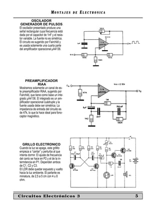 MM O N TO N T A J E SA J E S D ED E EE L E C T R O N I C AL E C T R O N I C A
OSCILADOR
GENERADOR DE PULSOS
El oscilador presentado produce una
señal rectangular cuya frecuencia está
dada por el capacitor de 1nF y el resis-
tor variable. La fuente no es simétrica.
El circuito es sugerido por Fairchild y
es usada solamente una cuarta parte
del ampliﬁcador operacional µA4136.
PREAMPLIFICADOR
RIAA
Mostramos solamente un canal de es-
te preampliﬁcador RIAA, sugerido por
Fairchild, que tiene como base un inte-
grado µA4136. El integrado es un am-
pliﬁcador operacional cuádruple y la
fuente usada debe ser simétrica. La
impedancia de entrada del circuito es
de 47k, lo que la hace ideal para fono-
captor magnético.
GRILLO ELECTRONICO
Cuando la luz se apaga, este grillito
empieza a “cantar” y perturba al que
intenta dormir. El ajuste de frecuencia
del canto se hace en P2 y el de la in-
termitencia en P1. Dependen ambos
de C1, C2 y C3.
El LDR debe quedar expuesto y vuelto
hacia la luz ambiente. El parlante es
miniatura, de 2,5 a 5 cm con 4 u 8
ohm.
Circuitos Electrónicos 3 5
 