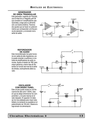 MM O N TO N T A J E SA J E S D ED E EE L E C T R O N I C AL E C T R O N I C A
GENERADOR
DE ONDA TRIANGULAR
Este generador, sugerido por Fairchild,
usa la mitad de un integrado µa4136
que consiste en 4 ampliﬁcadores ope-
racionales y exige para su alimenta-
ción una fuente simétrica. Tenemos
dos ajustes que se hacen en potenció-
metros que corresponden a la frecuen-
cia de operación y a la tensión de la
señal de salida.
REFORZADOR
DE AUDIO
Este microrreforzador de audio funcio-
na con salida de alta impedancia y se
lo puede conectar a audífonos o a en-
trada de ampliﬁcadores de audio co-
munes. Ajuste el resistor de 1M2; para
mayor ganancia y menor tasa de dis-
torsión en función del nivel de la señal
de entrada, eventualmente altere su
valor.
OSCILADOR
CON DIODO TUNEL
Este circuito puede oscilar en una fre-
cuencia tan alta como 1,6GHz, caso
en que se deben dimensionar los com-
ponentes L y C2 para resonar en el
valor deseado. El capacitor C2 debe
ser de mica plateada para mayor esta-
bilidad y la oscilación es ajustada en el
potenciómetro de 100 ohm. Observe la
baja tensión de alimentación.
Circuitos Electrónicos 3 13
 