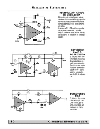 MM O N TO N T A J E SA J E S D ED E EE L E C T R O N I C AL E C T R O N I C A
10 Circuitos Electrónicos 4
RECTIFICADOR RAPIDO
DE MEDIA ONDA
El circuito está indicado para aplica-
ciones en instrumentación y proporcio-
na una rectiﬁcación de media onda a
señales de frecuencias relativamente
elevadas.
Los diodos D1 y D2 pueden reempla-
zarse por equivalentes, como los
IN4148. Observe la necesidad del uso
de resistores de precisión en esta apli-
cación.
CONVERSOR
C.A./C.C.
DE PRECISION
El circuito actúa con-
virtiendo la frecuencia
de una señal de en-
trada en una tensión.
Se utilizan dos ampli-
ﬁcadores operaciona-
les LM101A y los re-
sistores principales
son de 1% de toleran-
cia.
DETECTOR DE
PICO
El detector de pico se
caracteriza por Low
Drift, siendo, por lo
tanto, ideal para apli-
caciones en instru-
mentación.
 