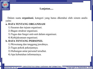 Lanjutan.....
Dalam suatu organisasi, kategori yang harus diketahui oleh sistem analis
yaitu:
a. DATA TENTANG ORGANISASI
1) Sasaran dan tujuan organisasi.
2) Bagan struktur organisasi.
3) Tugas dan fungsi unit-unit dalam organisasi.
4) Kebijaksanaan organisasi.
b. DATA TENTANG PERSONEL
1) Wewenang dan tanggung jawabnya.
2) Tugas pokok pekerjannya.
3) Hubungan antar personel tersebut.
4) Apa kebutuhan informasinya.
 