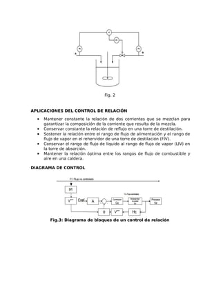 Fig. 2
APLICACIONES DEL CONTROL DE RELACIÓN
 Mantener constante la relación de dos corrientes que se mezclan para
garantizar la composición de la corriente que resulta de la mezcla.
 Conservar constante la relación de reflujo en una torre de destilación.
 Sostener la relación entre el rango de flujo de alimentación y el rango de
flujo de vapor en el rehervidor de una torre de destilación (FIV).
 Conservar el rango de flujo de líquido al rango de flujo de vapor (LIV) en
la torre de absorción.
 Mantener la relación óptima entre los rangos de flujo de combustible y
aire en una caldera.
DIAGRAMA DE CONTROL
Fig.3: Diagrama de bloques de un control de relación
 