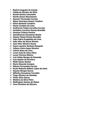 4   Beatriz Augusto de Araujo
 5   Calleb de Oliveira da Silva
 6   Daniel Santos Casonatto
 7   Danilo Souza Nascimento
 8   Deuzair Fernandes Correia
 9   Edson Henrique Soares Teodoro
10   Flávia Barbosa Cordeiro
11   Flavio Cardoso de Lima
12   Guilherme Felipe Carvalho Correia
13   Jackeline Lorraine Gomes Brandão
14   Janaina Cristina Pereira
15   Jeandherson Gonçalves Rocha
16   Jéssica Mayla Gomes Brandão
17   João Pedro Evagelista de Lima
18   João Vitor de Souza Ramos
19   Jose Vitor Oliveira Souza
20   Joyce Leandra Santana Braquiel
21   Juliana Vieira lopes Moreira
22   Leticia Alves de Lima
23   Lucas José de Jesus Silva
24   Lucas Vinicius Ribeiro
25   Luiz Felipe Borges de Rezende
26   Luiz Gaspar de Alcntara
27   Maiki Souza Santos
28   Maria Eduarda Campos
29   Mônica Fernandes Correia
30   Paulo Roberto Belfort Lopes de Assis
31   Rayane Borges Garcia
32   Silfarley Gonçalves Carvalho
33   Tiago Oliveira de Almeida
34   Victor Silva Souza
35   Waléria da Silva Pinto
36   Wellington Santos de Matos
37   Yara Christina de Oliveira
 