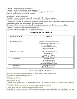 Calcular o comprimento da circunferência;
Calcular o comprimento e área de polígonos e círculo;
Identificar ângulos formados entre retas paralelas interceptada por transversal;
Realizar cálculo de área e volume de poliedros.
Reconhecer triângulos semelhantes;
Identificar e somar os ângulos internos de um triângulo e de polígonos regulares;
Desenvolver a noção de paralelismo, traçar e reconhecer retas paralelas num plano;
Compreender o sistema de coordenadas cartesianas, marcar pontos, identificar os pares ordenados (abscissa e
ordenada) e analisar seus elementos sob diversos contextos;
Conhecer os fractais através da visualização e manipulação de materiais e discuta suas propriedades.
Interpretar e representar dados em diferentes gráficos;
Utilizar o conceito de amostra para levantamento de dados.

                                    CONTEÚDOS PROGRAMÁTICOS




                                      METODOLOGIA DE ENSINO
Aulas expositivas e dialogadas, com troca de idéias entre os alunos e a professor.
Atividades de pesquisa e experimentação.
Trabalhos em grupo.
Exercícios desafiadores.
Jogos em sala de aula.
Procurar fazer relações entre os conteúdos propostos e o cotidiano do aluno e, sempre que possível, com
outras disciplinas.
Utilização de trechos da história da Matemática para introduzir geometria.
Uso de dobraduras para trabalhar os ângulos e suas relações
Utilização de materiais concretos e de fácil acesso para que os alunos relacionem fatos geométricos com seu
 