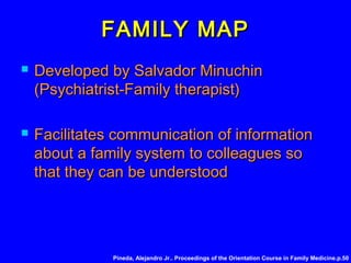 FAMILY MAPFAMILY MAP
 Developed by Salvador MinuchinDeveloped by Salvador Minuchin
(Psychiatrist-Family therapist)(Psychiatrist-Family therapist)
 Facilitates communication of informationFacilitates communication of information
about a family system to colleagues soabout a family system to colleagues so
that they can be understoodthat they can be understood
Pineda, Alejandro Jr.. Proceedings of the Orientation Course in Family Medicine.p.50
 