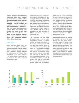 EXPLOITING THE WILD WILD W E B

The vast majority of modern malware       As seen in figures 8 and 9, malicious PDF       recent surges in Adobe vulnerabilities
encounters occur with exposure            files comprised 56% of exploits in 1Q09,        has become of concern to many officials,
to compromised websites, which            growing to 80% of all exploits by 4Q09.         prompting an unprecedented warning
attackers outfit with hidden malicious    Conversely, Flash exploits dropped from         from Stephen Northcutt, president of
iframes or external javascript source     40% in 1Q09 to 18% in 4Q09. This trend is       the SANS Technology Institute. In the
references. Typically, attackers use      likely indicative of attackers’ preference      August 4, 2009 issue of SANS Newsbytes,
multiple layers of compromised or         for PDF exploit, probably due to a              Northcutt warned: “I think organizations
malicious websites in a single attack,    combination of increasing availability          should avoid Adobe if possible. Adobe
thus the initially encountered (but       of vulnerabilities in Adobe Reader and          security appears to be out of control, and
unseen) iframe may silently cycle         Adobe Acrobat and the continued                 using their products seems to put your
through two, three, or even more          widespread use and acceptance of                organization at risk. Try to minimize your
iframes and source reference hosts        PDF files in both the workplace and             attack surface. Limit the use of Adobe
before the final exploits or malicious    consumer sectors.                               products where you can.”
binary are delivered. This cross-domain
attack and subsequent malware             CVE, maintained by the MITRE                    Whether Adobe products can or should
delivery is silent but deadly.            Corporations, retains a list of security        be avoided is a matter of debate.
                                          vulnerabilities, assigning it a common          However, what does appear certain is
Adobe a Target                            identifier to facilitate information and        that Adobe Reader and Adobe Acrobat
                                          data sharing. As of December 31, 2009,          are increasingly a favored exploit
When malicious exploit code was           there were 288 total CVE records for            target for attackers. Accordingly, users
encountered in 2009, vulnerabilities      vulnerabilities in Adobe products. Of           should treat all PDF files with the same
involving malformed PDF files (Adobe      those, 107 CVE numbers assigned to              caution they would use with any other
Reader / Adobe Acrobat) were the          Adobe vulnerabilities were issued in            executable file type. Enhanced security
most frequently targeted, followed        2009; only one was rated low, 25 were           of PDF can be obtained by disabling
by vulnerabilities in Adobe Flash.        rated medium, and the remaining 81              Adobe javascript in Reader and Acrobat
Interestingly, as the rate of malicious   were rated high. In 2008, there were            and avoiding the use of browser plug-ins
PDF files increased in 2009, the rate     only 58 vulnerabilities listed in CVE for       for those products.
of malicious Flash files decreased        vulnerabilities in Adobe products, 50
throughout the year.                      in 2007, 35 in 2006, 18 in 2005, with
                                          the remaining 20 CVE entries spread
                                          between 2004 to 1999. The problem of




 Figure 8 - PDF / Flash Exploits                                 Figure 9 - Adobe CVE Records




                                                                                                                          PAGE 15
 