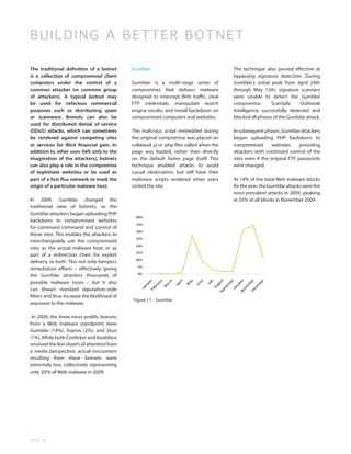 B U I L D ING A BETTER BOTNET

The traditional definition of a botnet        Gumblar                                        The technique also proved effective at
is a collection of compromised client                                                        bypassing signature detection. During
computers under the control of a              Gumblar is a multi-stage series of             Gumblar’s initial peak from April 24th
common attacker (or common group              compromises that delivers malware              through May 15th, signature scanners
of attackers). A typical botnet may           designed to intercept Web traffic, steal       were unable to detect the Gumblar
be used for nefarious commercial              FTP credentials, manipulate search             compromise.       ScanSafe    Outbreak
purposes such as distributing spam            engine results, and install backdoors on       Intelligence successfully detected and
or scareware. Botnets can also be             compromised computers and websites.            blocked all phases of the Gumblar attack.
used for distributed denial of service
(DDoS) attacks, which can sometimes           The malicious script embedded during           In subsequent phases, Gumblar attackers
be rendered against competing sites           the original compromise was placed on          began uploading PHP backdoors to
or services for illicit financial gain. In    collateral .js or .php files called when the   compromised       websites,     providing
addition to other uses (left only to the      page was loaded, rather than directly          attackers with continued control of the
imagination of the attackers), botnets        on the default home page itself. This          sites even if the original FTP passwords
can also play a role in the compromise        technique enabled attacks to avoid             were changed.
of legitimate websites or be used as          casual observation, but still have their
part of a fast flux network to mask the       malicious scripts rendered when users          At 14% of the total Web malware blocks
origin of a particular malware host.          visited the site.                              for the year, the Gumblar attacks were the
                                                                                             most prevalent attacks in 2009, peaking
In 2009, Gumblar changed the                                                                 at 35% of all blocks in November 2009.
traditional view of botnets, as the
Gumblar attackers began uploading PHP
backdoors to compromised websites
for continued command and control of
those sites. This enables the attackers to
interchangeably use the compromised
sites as the actual malware host, or as
part of a redirection chain for exploit
delivery, or both. This not only hampers
remediation efforts – effectively giving
the Gumblar attackers thousands of
possible malware hosts – but it also
can thwart standard reputation-style
filters and thus increase the likelihood of
                                              Figure 11 - Gumblar
exposure to the malware.

 In 2009, the three most prolific botnets
from a Web malware standpoint were
Gumblar (14%), Asprox (2%), and Zeus
(1%). While both Conficker and Koobface
received the lion share’s of attention from
a media perspective, actual encounters
resulting from these botnets were
extremely low, collectively representing
only .05% of Web malware in 2009.




PAGE 18
 