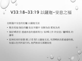 V33:18~33:19 以薩迦-安息之福
在帳篷中安息的壯驢 以薩迦支派
• 雅各祝福:強壯的驢 臥在羊圈中 安靜為佳 肥地為美
• 強壯VS勞苦 透過休息的重新得力/ 臥VS工作 的安息/ 驢VS馬 的
謙卑
• 從神而來的智慧:歷上12:32 以薩迦支派, 有200族長都通達時務,
知道以色列所當行的, 他們族弟兄都聽從他
 
