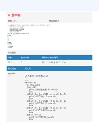 4. 逛牛墟
分數: 20.0 程式語言: c
你的答案:
分數 判分次數 最後一次判分時間
20.0 5 2022/11/21 上午10:12:14
程式語言 程式碼
Python '''
14_4.多選一-逛牛墟(20.0)
'''
i=1
while(i<=4):
a=int(input())
if(a>=32):
print("{}日超出範圍".format(a))
i=i+1
elif(a%10==1 or a%10==4 or a%10==7):
print("{}日在鹽水".format(a))
i=i+1
elif(a%10==2 or a%10==5 or a%10==8):
print("{}日在善化".format(a))
i=i+1
elif(a%10==3 or a%10==6 or a%10==9):
print("{}日在北港".format(a))
i=i+1
elif(a%10==0):
print("{}日沒有".format(a))
i=i+1
 