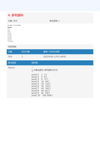 4. 多列資料
分數: 20.0 程式語言: c
你的答案:
分數 判分次數 最後一次判分時間
20.0 3 2022/9/26 上午11:40:02
程式語言 程式碼
Python '''
2_4.輸出語句-多列資料(20.0)
'''
print("1 1 1")
print("2 4 8")
print("3 9 27")
print("4 16 64")
print("5 25 125")
print("6 36 216")
print("7 49 343")
print("8 64 512")
print("9 81 729")
print("10 100 1000")
 