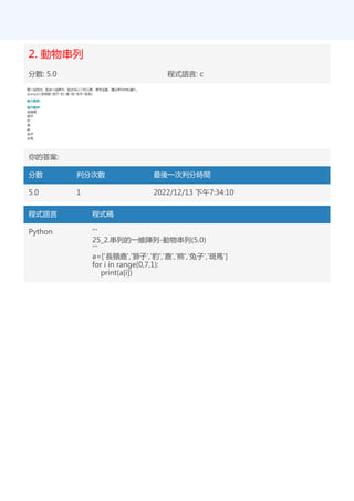 2. 動物串列
分數: 5.0 程式語言: c
你的答案:
分數 判分次數 最後一次判分時間
5.0 1 2022/12/13 下午7:34:10
程式語言 程式碼
Python '''
25_2.串列的一維陣列-動物串列(5.0)
'''
a=['長頸鹿','獅子','豹','鹿','熊','兔子','斑馬']
for i in range(0,7,1):
print(a[i])
 