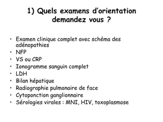1) Quels examens d’orientation
demandez vous ?
• Examen clinique complet avec schéma des
adénopathies
• NFP
• VS ou CRP
• Ionogramme sanguin complet
• LDH
• Bilan hépatique
• Radiographie pulmonaire de face
• Cytoponction ganglionnaire
• Sérologies virales : MNI, HIV, toxoplasmose
 