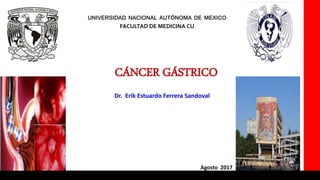 Agosto 2017
Dr. Erik Estuardo Ferrera Sandoval
CÁNCER GÁSTRICO
UNIVERSIDAD NACIONAL AUTÓNOMA DE MEXICO
FACULTAD DE MEDICINA CU
 