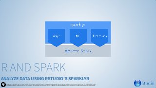ANALYZE DATA USING RSTUDIO'S SPARKLYR
R AND SPARK
https://github.com/rstudio/sparkDemos/tree/master/prod/presentations/sparkSummitEast
 