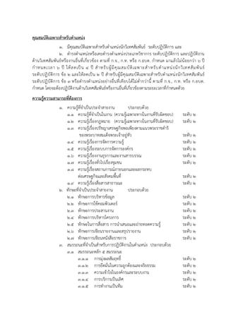 คุณสมบัติเฉพาะสาหรับตาแหน่ง
1. มีคุณสมบัติเฉพาะสาหรับตาแหน่งนักวิเทศสัมพันธ์ ระดับปฏิบัติการ และ
2. ดารงตาแหน่งหรือเคยดารงตาแหน่งประเภทวิชาการ ระดับปฏิบัติการ และปฏิบัติงาน
ด้านวิเทศสัมพันธ์หรืองานอื่นที่เกี่ยวข้อง ตามที่ ก.จ., ก.ท. หรือ ก.อบต. กาหนด มาแล้วไม่น้อยกว่า 6 ปี
กาหนดเวลา 6 ปี ให้ลดเป็น 4 ปี สาหรับผู้มีคุณสมบัติเฉพาะสาหรับตาแหน่งนักวิเทศสัมพันธ์
ระดับปฏิบัติการ ข้อ 2 และให้ลดเป็น 2 ปี สาหรับผู้มีคุณสมบัติเฉพาะสาหรับตาแหน่งนักวิเทศสัมพันธ์
ระดับปฏิบัติการ ข้อ 3 หรือดารงตาแหน่งอย่างอื่นที่เทียบได้ไม่ต่ากว่านี้ ตามที่ ก.จ., ก.ท. หรือ ก.อบต.
กาหนด โดยจะต้องปฏิบัติงานด้านวิเทศสัมพันธ์หรืองานอื่นที่เกี่ยวข้องตามระยะเวลาที่กาหนดด้วย
ความรู้ความสามารถที่ต้องการ
1. ความรู้ที่จาเป็นประจาสายงาน ประกอบด้วย
1.1 ความรู้ที่จาเป็นในงาน (ความรู้เฉพาะทางในงานที่รับผิดชอบ) ระดับ 2
1.2 ความรู้เรื่องกฎหมาย (ความรู้เฉพาะทางในงานที่รับผิดชอบ) ระดับ 2
1.3 ความรู้เรื่องปรัชญาเศรษฐกิจพอเพียงตามแนวพระราชดาริ
ของพระบาทสมเด็จพระเจ้าอยู่หัว ระดับ 2
1.4 ความรู้เรื่องการจัดการความรู้ ระดับ 2
1.5 ความรู้เรื่องระบบการจัดการองค์กร ระดับ 2
1.6 ความรู้เรื่องงานธุรการและงานสารบรรณ ระดับ 2
1.7 ความรู้เรื่องทั่วไปเรื่องชุมชน ระดับ 2
1.8 ความรู้เรื่องสถานการณ์ภายนอกและผลกระทบ
ต่อเศรษฐกิจและสังคมพื้นที่ ระดับ 2
1.9 ความรู้เรื่องสื่อสารสาธารณะ ระดับ 2
2. ทักษะที่จาเป็นประจาสายงาน ประกอบด้วย
2.1 ทักษะการบริหารข้อมูล ระดับ 2
2.2 ทักษะการใช้คอมพิวเตอร์ ระดับ 2
2.3 ทักษะการประสานงาน ระดับ 2
2.4 ทักษะการบริหารโครงการ ระดับ 2
2.5 ทักษะในการสื่อสาร การนาเสนอและถ่ายทอดความรู้ ระดับ 2
2.6 ทักษะการเขียนรายงานและสรุปรายงาน ระดับ 2
2.7 ทักษะการเขียนหนังสือราชการ ระดับ 2
3. สมรรถนะที่จาเป็นสาหรับการปฏิบัติงานในตาแหน่ง ประกอบด้วย
3.1 สมรรถนะหลัก 5 สมรรถนะ
3.1.1 การมุ่งผลสัมฤทธิ์ ระดับ 2
3.1.2 การยึดมั่นในความถูกต้องและจริยธรรม ระดับ 2
3.1.3 ความเข้าใจในองค์กรและระบบงาน ระดับ 2
3.1.4 การบริการเป็นเลิศ ระดับ 2
3.1.5 การทางานเป็นทีม ระดับ 2
 