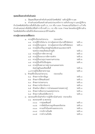 คุณสมบัติเฉพาะสาหรับตาแหน่ง
1. มีคุณสมบัติเฉพาะสาหรับตาแหน่งนักวิเทศสัมพันธ์ ระดับปฏิบัติการ และ
2. ดารงตาแหน่งหรือเคยดารงตาแหน่งประเภทวิชาการ ระดับชานาญการ และปฏิบัติงาน
ด้านวิเทศสัมพันธ์หรืองานอื่นที่เกี่ยวข้อง ตามที่ ก.จ., ก.ท. หรือ ก.อบต. กาหนดมาแล้วไม่น้อยกว่า 4 ปี หรือ
ดารงตาแหน่งอย่างอื่นที่เทียบได้ไม่ต่ากว่านี้ ตามที่ ก.จ., ก.ท. หรือ ก.อบต. กาหนด โดยจะต้องปฏิบัติงานด้าน
วิเทศสัมพันธ์หรืองานอื่นที่เกี่ยวข้องตามระยะเวลาที่กาหนดด้วย
ความรู้ความสามารถที่ต้องการ
1. ความรู้ที่จาเป็นประจาสายงาน ประกอบด้วย
1.1 ความรู้ที่จาเป็นในงาน (ความรู้เฉพาะทางในงานที่รับผิดชอบ) ระดับ 3
1.2 ความรู้เรื่องกฎหมาย (ความรู้เฉพาะทางในงานที่รับผิดชอบ) ระดับ 3
1.3 ความรู้เรื่องปรัชญาเศรษฐกิจพอเพียงตามแนวพระราชดาริ
ของพระบาทสมเด็จพระเจ้าอยู่หัว ระดับ 3
1.4 ความรู้เรื่องการจัดการความรู้ ระดับ 3
1.5 ความรู้เรื่องระบบการจัดการองค์กร ระดับ 2
1.6 ความรู้เรื่องงานธุรการและงานสารบรรณ ระดับ 2
1.7 ความรู้เรื่องทั่วไปเรื่องชุมชน ระดับ 3
1.8 ความรู้เรื่องสถานการณ์ภายนอกและผลกระทบ
ต่อเศรษฐกิจและสังคมพื้นที่ ระดับ 2
1.9 ความรู้เรื่องสื่อสารสาธารณะ ระดับ 3
2. ทักษะที่จาเป็นประจาสายงาน ประกอบด้วย
2.1 ทักษะการบริหารข้อมูล ระดับ 3
2.2 ทักษะการใช้คอมพิวเตอร์ ระดับ 3
2.3 ทักษะการประสานงาน ระดับ 3
2.4 ทักษะการบริหารโครงการ ระดับ 3
2.5 ทักษะในการสื่อสาร การนาเสนอและถ่ายทอดความรู้ ระดับ 3
2.6 ทักษะการเขียนรายงานและสรุปรายงาน ระดับ 3
2.7 ทักษะการเขียนหนังสือราชการ ระดับ 3
3. สมรรถนะที่จาเป็นสาหรับการปฏิบัติงานในตาแหน่ง ประกอบด้วย
3.1 สมรรถนะหลัก 5 สมรรถนะ
3.1.1 การมุ่งผลสัมฤทธิ์ ระดับ 3
3.1.2 การยึดมั่นในความถูกต้องและจริยธรรม ระดับ 3
3.1.3 ความเข้าใจในองค์กรและระบบงาน ระดับ 3
3.1.4 การบริการเป็นเลิศ ระดับ 3
3.1.5 การทางานเป็นทีม ระดับ 3
 