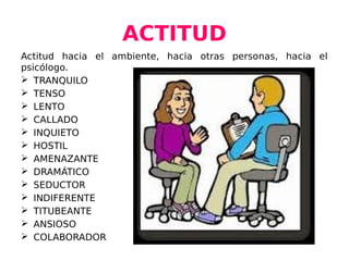 ACTITUD
Actitud hacia el ambiente, hacia otras personas, hacia el
psicólogo.
 TRANQUILO
 TENSO
 LENTO
 CALLADO
 INQUIETO
 HOSTIL
 AMENAZANTE
 DRAMÁTICO
 SEDUCTOR
 INDIFERENTE
 TITUBEANTE
 ANSIOSO
 COLABORADOR
 