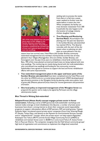 QUARTERLY PROGRESS REPORT NO.13 APRIL – JUNE 2008




                                                     settling tank to process the waste;
                                                     from there it is fed into a waste
                                                     water wetland to further treat the
                                                     waste before it enters the river.
                                                     When completed, the facility can
                                                     treat domestic wastewater from 300
                                                     households that also happen to be
                                                     the location of cottage industry
                                                     chicken slaughter houses.

                                 ESP EAST JAVA   •     Tree Planting and Monitoring
         70% of the trees planted over the past
                                                       Survival Rates. Accumulative tree
         three years in four villages in the           planting over the past two Quarters
         Sumber Brantas watershed have                 in the Sumber Brantas sub-watershed
         survived. This Quarter, Fokal Mesra           has reached 376 ha. This Quarter
         members monitored the survival rate           coincides with the start of the dry
         of trees and replaced dead trees with
         new tree seedlings.                           season when no planting can take
                                                       place as trees planted in the dry
       season have low survival rates. Fokal Mesra (the Sumber Brantas communty
       watershed management forum) members monitored the survival rate of trees
       planted in four villages (Pesanggrahan, Oro-oro Ombo, Sumber Brantas, and
       Gunungsari) over the past three years to rehabilitate critical lands and forests in
       Batu. 70% of the trees planted survived and dead trees are being replaced with new
       tree seedlings. The monitoring are results being shared with the multi-stakeholders
       who contributed tree seedlings and funding for the community nurseries.
       Stakeholders have agreed to continue to support the land and forest rehabilitation
       efforts with some improvements.
   •   Two watershed management plans in the upper and lower parts of the
       Sumber Brantas sub-watershed have been completed (one by Fokal Mesra and
       the other by LMDH) and are currently being implemented. LMDH developed good
       agro-forestry practices in the Wengkon forest by planting under-story plants, such
       as grass jelly (Mesona palustris/Cincau hitam) for income generation and prevention
       of erosion.
   •   One local policy on improved management of the Wengkon forest was
       prepared this quarter and is ready to be signed by Perhutani and the village
       administrative leader.

Blue Thread in Welang Sub-watershed

Adopted Forest (Hutan Asuh) concept engages private sector in forest
conservation. Following a series of ESP-sponsored multi-stakeholder workshops and
national media coverage on land rehabilitation this Quarter, a number of private sector
businesses have shown a strong interest to direct their corporate social responsibility
programs to support reforestation efforts of ESP partners. ESP and small grantee, Yayasan
Kaliandra Sejati, introduced several private sector companies (Coca Cola, Schering Plough,
PT Otsuka, Taman Dayu, and Santos) to the Payment for Environmental Services concept
and an “adopted forest” concept, where the private sector can help support Paguyuban
Kelompok Tani Tahura (PKTT) and the Forest Village Community Forum (LMDH) to
rehabilitate and maintain forest cover in 28,000 ha in and around Tahura R. Soerjo Forest
Park in Pasuruan District. The companies recognize that the Field School community groups’
high level of organization and commitment to implement the village-level watershed

ENVIRONMENTAL SERVICES PROGRAM WWW.ESP.OR.ID                                             60
 