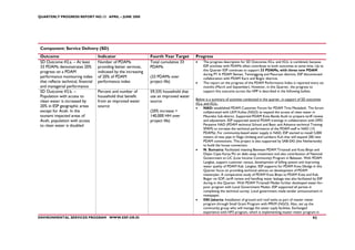 QUARTERLY PROGRESS REPORT NO.13 APRIL – JUNE 2008




 Component: Service Delivery (SD)
 Outcome                              Indicator                     Fourth Year Target      Progress
 SD Outcome #2.a. – At least          Number of PDAMs               Total cumulative 33     •    The progress description for SD Outcomes #2.a. and #2.b. is combined, because
 33 PDAMs demonstrates 20%            providing better services,    PDAMs                        ESP activities with PDAMs often contribute to both outcomes at same time. Up to
 progress on a PDAM                   indicated by the increasing                                this Quarter ESP continues to support 33 PDAMs, with three new PDAM
                                                                                                 during PY 4: PDAM Sleman, Temanggung and Pasuruan districts. ESP discontinued
 performance monitoring index         of 20% of PDAM                (33 PDAMs over               collaboration with PDAM Karo and Bogor districts.
 that reflects technical, financial   performance index             project life)           •    The report on the progress of the PDAM Performance Index is reported every six
 and managerial performance                                                                      months (March and September). However, in this Quarter, the progress to
 SD Outcome #2.b. –                   Percent and number of         59,335 household that        support this outcome across the HPP is described in the following bullets.
 Population with access to            household that benefit        use an improved water
                                                                                            Below is a summary of activities conducted in the quarter, in support of SD outcomes
 clean water is increased by          from an improved water        source
                                                                                            #2.a. and #2.b.:
 20% in ESP geographic areas          source                                                •     NAD: established PDAM Customer Forum for PDAM Tirta Meulaboh. The forum
 except for Aceh. In the                                            (20% increase =               collaborated with LKM Kolisa (NGO) to expand the access of clean water in
 tsunami impacted areas of                                          140,000 HH over               Meurebo Sub-district. Supported PDAM Kota Banda Aceh to prepare tariff review
 Aceh, population with access                                       project life)                 and adjustment. ESP supported several PDAM trainings in collaboration with DPD
 to clean water is doubled                                                                        Perpamsi NAD (PDAM technical School and Basic and Advance technical Training
                                                                                                  SPAM) to increase the technical performance of the PDAM staff in NAD (15
                                                                                                  PDAMs). For community-based water supply in NAD, ESP started to install 5,000
                                                                                                  meters of new pipe in Naga Umbang and Lambaro Kuh that will expand 200 new
                                                                                                  PDAM connections. This project is also supported by SAB-SAS (the Netherlands)
                                                                                                  to build the house connection.
                                                                                            •     N. Sumatra: Facilitated meeting Between PDAM Tirtanadi and Kota Binjai and
                                                                                                  Ditjen Cipta Karya PU on debt swap investment and also contribution of National
                                                                                                  Govenrment to LIC (Low Income Community) Program in Belawan. With PDAM
                                                                                                  Langkat, support customer census, development of billing system and improving
                                                                                                  water quality of PDAM Kab. Langkat. ESP supports for PDAM Kota Sibolga in this
                                                                                                  Quarter focus on providing technical advices on development of PDAM
                                                                                                  masterplan. A comparative study of PDAM Kota Binjai to PDAM Kota and Kab.
                                                                                                  Bogor on SOP, tariff review and handling water leakage was also facilitated by ESP
                                                                                                  during in this Quarter. With PDAM Tirtanadi Medan further developed water-for-
                                                                                                  poor program with Local Government Medan. ESP supported all parties in
                                                                                                  completing the technical survey. Local government made tender announcement in
                                                                                                  newspaper.
                                                                                            •     DKI Jakarta: Installation of ground and roof tanks as part of master meter
                                                                                                  program through Small Grant Program with PPKM (NGO). Also, set up the
                                                                                                  community group who will manage the water suply facilities. Exchanged
                                                                                                  experience with HP3 program, which is implementing master meter program in
ENVIRONMENTAL SERVICES PROGRAM WWW.ESP.OR.ID                                                                                                                                92
 
