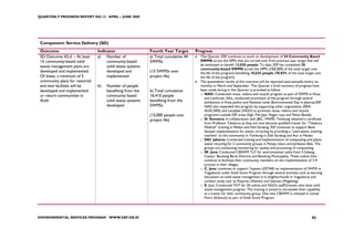 QUARTERLY PROGRESS REPORT NO.13 APRIL – JUNE 2008




 Component: Service Delivery (SD)
 Outcome                        Indicator                  Fourth Year Target       Progress
 SD Outcome #2.d. – At least    a) Number of               a) Total cumulative 44   •   This Quarter, ESP continues to work on development of 34 Community Based
 15 community-based solid            community-based       SWMSs                        SWMS across the HPPs that are carried over from previous year target that will
 waste management plans are          solid waste systems                                be estimated to benefit 13,030 people. To date, ESP has completed 20
                                                                                        community-based SWMS across the HPPs (133.33% of the total target over
 developed and implemented.          developed and         (15 SWMSs over               the life of the program) benefiting 10,625 people (70.83% of the total target over
 Of these, a minimum of 5            implemented           project life)                the life of the program).
 community plans for restored                                                       •   The quantitative results of this outcome will be reported semi-annually (every six
 and new facilities will be     b)   Number of people                                   months) in March and September. This Quarter a brief summary of progress have
 developed and implemented           benefiting from the   b) Total cumulative          been made during in this Quarter is provided as follow:
 or return communities in            community based       16,410 people                o NAD: Conducted reuse, reduce and recycle program as part of SWMS in Nusa
                                                                                          and Lamkruet. Also, conducted promotion of the program through several
 Aceh                                solid waste systems   benefiting from the            exhibitions in Kota Jantho and National Level (Environmental Day in Jakarta).ESP
                                     developed             SWMSs                          NAD also expanded this program by supporting other organization (ERA-
                                                                                          AUSCARE) and Lamjabat (NGO) to promote reuse, reduce and recycle
                                                           (15,000 people over            programin outside ESP areas (Sigli, Pidi Jaya, Nagan raya and Pekan Banda)
                                                           project life)                o N. Sumatra: In collaboration with JBIC, MAPEL Tembung obtained a certificate
                                                                                          from Professor Takakura as they are now become qualified trainer for “Takakura
                                                                                          Method” training in Medan and Deli Serdang. ESP continues to support Bank
                                                                                          Sampah implementation for plastic re-cycling by providing a “used plastic washing
                                                                                          machine” to the community in Tembung in Deli Serdang and Aur in Medan.
                                                                                        o DKI. Jakarta: Conducted training and implementation of composting and plastic
                                                                                          waste recycling for 2 community groups in Petojo Utara and Jembatan Besi. The
                                                                                          groups are conducting monitoring for quality and processing of composting.
                                                                                        o W. Java: Conducted CBSWM ToT for environmental cadre from 4 Subang,
                                                                                          Cianjur, Bandung Barat Districts and Bandung Municipality. These cadres then
                                                                                          continue to facilitate thier community members on the implementation of 3 R
                                                                                          process in their villages.
                                                                                        o C. Java: continues to support Yayasan LESTARI on implementation of SWMS in
                                                                                          Yogyakarta under Small Grant Program through several activities such as learning
                                                                                          discussion on solid waste management in 6 neighborhoods in Yogyakarta and
                                                                                          conduct study tour to Klajoran (Sleman) and Salaman (Magelang).
                                                                                        o E. Java: Conducted TOT for 30 cadres and NGOs staff/Grantee who have solid
                                                                                          waste management program. The training is aimed to increasdee their capability
                                                                                          as a trainer for their community group. One new CBSWM is initiated in Lemah
                                                                                          Putro (Sidoarjo) as part of Small Grant Program.




ENVIRONMENTAL SERVICES PROGRAM WWW.ESP.OR.ID                                                                                                                       95
 
