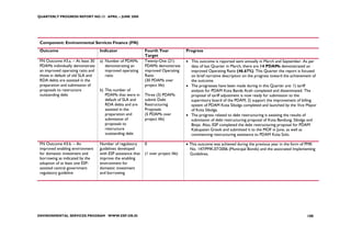 QUARTERLY PROGRESS REPORT NO.13 APRIL – JUNE 2008




 Component: Environmental Services Finance (FN)
 Outcome                           Indicator                  Fourth Year             Progress
                                                              Target
 FN Outcome #3.a. – At least 30    a) Number of PDAMs         Twenty-One (21)         • This outcome is reported semi annually in March and September. As per
 PDAMs individually demonstrate       demonstrating an        PDAMs demonstrate         data of last Quarter in March, there are 14 PDAMs demonstrated an
 an improved operating ratio and      improved operating      improved Operating        improved Operating Ratio (46.67%). This Quarter the report is focused
 those in default of old SLA and      ratio                   Ratio                     on brief narrative description on the progress toward the achievement of
 RDA debts are assisted in the                                (30 PDAMs over            the outcome.
 preparation and submission of                                project life)           • The progresses have been made during in this Quarter are: 1) tariff
 proposals to restructure          b) The number of                                     analysis for PDAM Kota Banda Aceh completed and disseminated. The
 outstanding debt                     PDAMs that were in      Three (3) PDAMs           proposal of tariff adjustment is now ready for submission to the
                                      default of SLA and      submit Debt               supervisory board of the PDAM; 2) support the improvement of billing
                                      RDA debts and are       Restructuring             system of PDAM Kota Sibolga completed and launched by the Vice Mayor
                                      assisted in the         Proposals                 of Kota Sibolga.
                                      preparation and         (5 PDAMs over           • The progress related to debt restructuring is awaiting the results of
                                      submission of           project life)             submission of debt restructuring proposal of Kota Bandung, Sibolga and
                                      proposals to                                      Binjai. Also, ESP completed the debt restructuring proposal for PDAM
                                      restructure                                       Kabupaten Gresik and submitted it to the MOF in June, as well as
                                      outstanding debt                                  commencing restructuring assistance to PDAM Kota Solo.

 FN Outcome #3.b. – An             Number of regulatory       0                       • This outcome was achieved during the previous year in the form of PMK
 improved enabling environment     guidelines developed                                 No. 147/PMK.07/2006 (Municipal Bonds) and the associated Implementing
 for domestic investment and       with ESP assistance that   (1 over project life)     Guidelines.
 borrowing as indicated by the     improve the enabling
 adoption of at least one ESP-     environment for
 assisted central government       domestic investment
 regulatory guideline              and borrowing




ENVIRONMENTAL SERVICES PROGRAM WWW.ESP.OR.ID                                                                                                              100
 