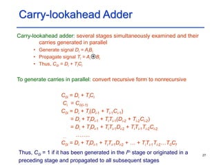 27
Carry-lookahead Adder
Carry-lookahead adder: several stages simultaneously examined and their
carries generated in parallel
• Generate signal Di = AiBi
• Propagate signal Ti = Ai Bi
• Thus, C0i = Di + TiCi
To generate carries in parallel: convert recursive form to nonrecursive
C0i = Di + TiCi
Ci = C0(i-1)
C0i = Di + Ti(Di-1 + Ti-1Ci-1)
= Di + TiDi-1 + TiTi-1(Di-2 + Ti-2Ci-2)
= Di + TiDi-1 + TiTi-1Di-2 + TiTi-1Ti-2Ci-2
... ……..
C0i = Di + TiDi-1 + TiTi-1Di-2 + … + TiTi-1Ti-2…T0Cf
+
Thus, C0i = 1 if it has been generated in the ith stage or originated in a
preceding stage and propagated to all subsequent stages
 