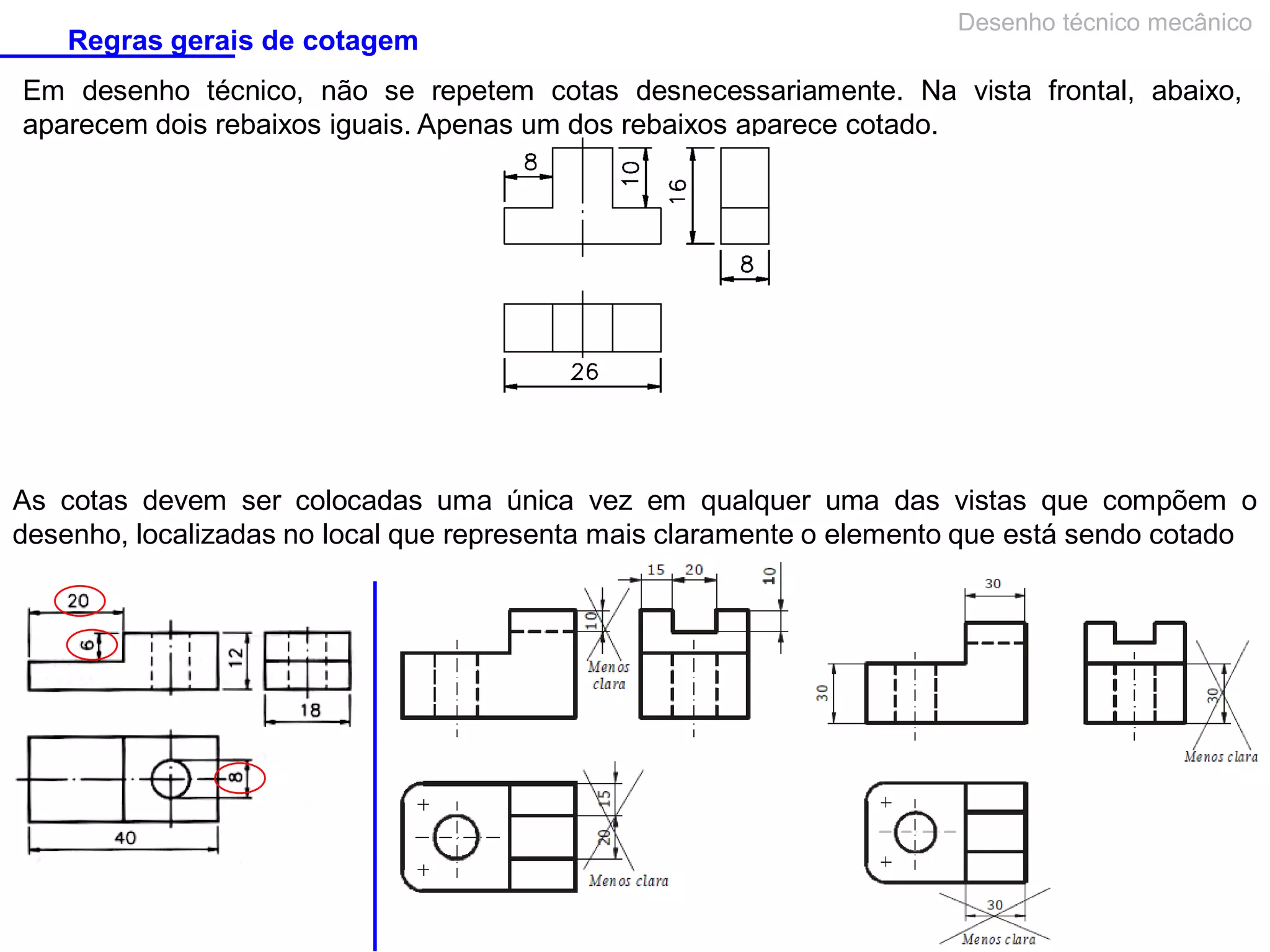 Regras gerais de cotagem

Desenho técnico mecânico

Em desenho técnico, não se repetem cotas desnecessariamente. Na vista frontal, abaixo,
aparecem dois rebaixos iguais. Apenas um dos rebaixos aparece cotado.

As cotas devem ser colocadas uma única vez em qualquer uma das vistas que compõem o
desenho, localizadas no local que representa mais claramente o elemento que está sendo cotado

 