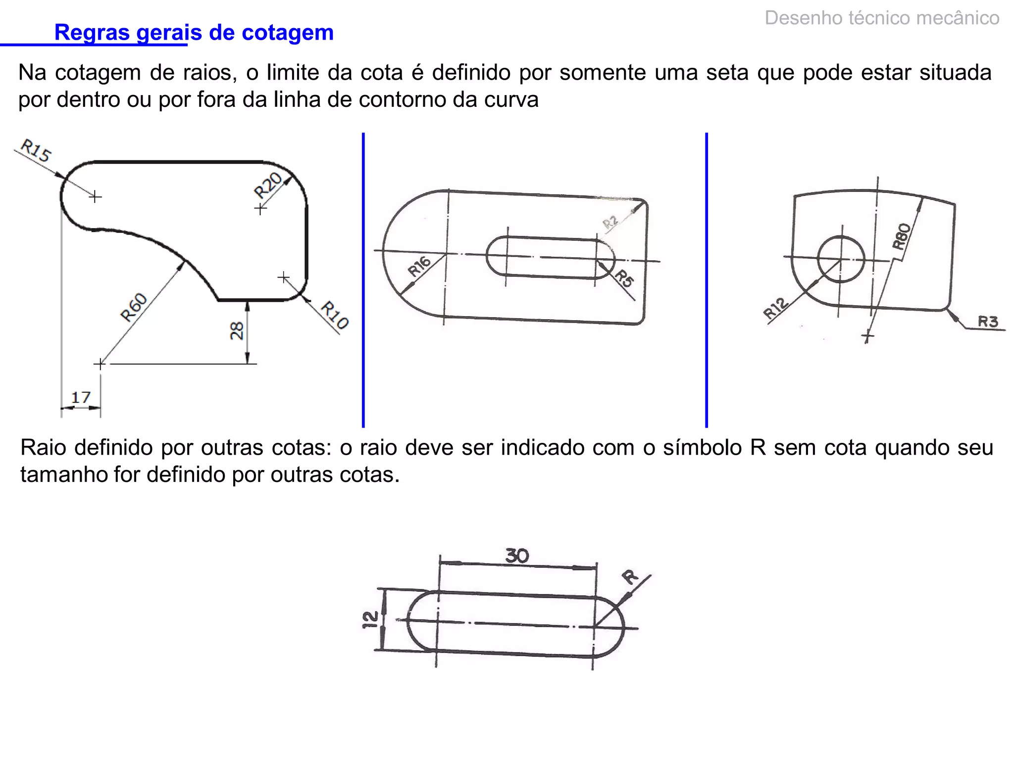 Regras gerais de cotagem

Desenho técnico mecânico

Na cotagem de raios, o limite da cota é definido por somente uma seta que pode estar situada
por dentro ou por fora da linha de contorno da curva

Raio definido por outras cotas: o raio deve ser indicado com o símbolo R sem cota quando seu
tamanho for definido por outras cotas.

 