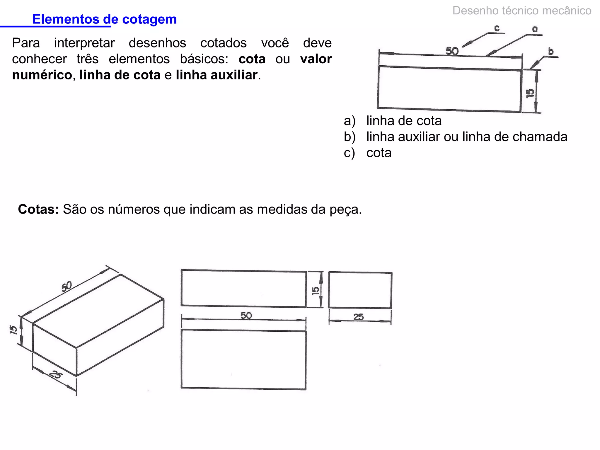 Desenho técnico mecânico

Elementos de cotagem
Para interpretar desenhos cotados você deve
conhecer três elementos básicos: cota ou valor
numérico, linha de cota e linha auxiliar.

a) linha de cota
b) linha auxiliar ou linha de chamada
c) cota

Cotas: São os números que indicam as medidas da peça.

 
