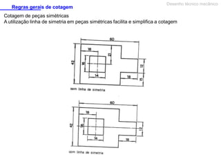 Regras gerais de cotagem

Desenho técnico mecânico

Cotagem de peças simétricas
A utilização linha de simetria em peças simétricas facilita e simplifica a cotagem

 