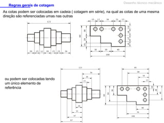 Regras gerais de cotagem

Desenho técnico mecânico

As cotas podem ser colocadas em cadeia ( cotagem em série), na qual as cotas de uma mesma
direção são referenciadas umas nas outras

ou podem ser colocadas tendo
um único elemento de
referência

 