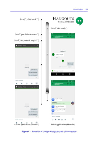 Introduction xiii
HANGOUTS
SERIALIZABILITY
•
Send("coffee break?")
•
Send("you did not answer")
•
Send("are you still angry? ")
•
•
• Send("obviously")
•
•
Bob’s application (Matthieu)
Alice’s application (Matoula)
Figure I.1. Behavior of Google Hangouts after disconnection
 