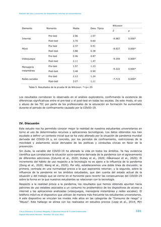 Estudio del uso y consumo de dispositivos móviles en universitarios
Tabla 5. Resultados de la prueba W de Wilcoxon. *=p<.05


Los resultados corroboran lo observado en el análisis exploratorio, confirmando la existencia de
diferencias significativas entre el pre-test y el post-test en todas las escalas. De este modo, el uso
y abuso de las TIC por parte de los profesionales de la educación en formación ha aumentado
durante el periodo de confinamiento causado por la COVID-19.


IV. Discusión


Este estudio nos ha permitido conocer mejor la realidad de nuestros estudiantes universitarios en
torno al uso de determinados recursos y aplicaciones tecnológicas. Los datos obtenidos nos han
ayudado a definir un contexto inicial que se ha visto alterado por la situación de pandemia mundial
derivada del COVID-19 y, en concreto, por los periodos de confinamiento, restricciones de la
movilidad y aislamiento social derivados de las políticas y conductas cívicas en favor de la
prevención.


Sin duda, la variable del COVID-19 ha alterado la vida en todos los ámbitos. Ya hay evidencia
científica que correlaciona la situación socio-sanitaria derivada de la pandemia con el agravamiento
de diferentes adicciones (Columb et al., 2020; Dubey et al., 2020; Håkansson et al., 2020). El
incremento del hábito de uso respecto a la tecnología no es ajeno a la influencia de la pandemia
(Dong et al., 2020; Wang et al., 2020). Por ello, estableceremos una doble línea de discusión; la
primera, centrada en una normalidad previa a la que aspiramos retornar; y la segunda, sobre la
influencia de la pandemia en los ámbitos estudiados, que dan cuenta del estado actual de la
situación y del trabajo que se cierne en el horizonte para revertir las consecuencias del COVID-19
sobre la forma en la que nuestros estudiantes se relacionan con la tecnología.


Respecto a la realidad previa a la pandemia, los resultados que hemos obtenido apuntan hacia
patrones de uso estables asociados a un consumo no problemático de los dispositivos de acceso a
internet y las aplicaciones analizadas (videojuegos, mensajería instantánea y redes sociales). El
teléfono móvil es el dispositivo que utilizan de manera más frecuente los estudiantes universitarios.
A este dispositivo se vinculan los niveles más altos en las categorías de “Consumo de riesgo” y
“Abuso”. Este hallazgo se alinea con los realizados en estudios previos (Lepp et al., 2014; Miri
Elemento Momento Media Desv. Típica
Wilcoxon
Z р
Internet
Pre-test 2.06 1.07
-9.987 0.000*
Post-test 3.70 0.60
Móvil
Pre-test 2.37 0.91
-9.927 0.000*
Post-test 3.88 0.38
Videojuegos
Pre-test 0.46 0.87
-9.359 0.000*
Post-test 2.11 1.47
Mensajería
instantánea
Pre-test 1.97 1.23
-9.322 0.000*
Post-test 3.48 0.90
Redes sociales
Pre-test 2.12 1.24
-7.715 0.000*
Post-test 3.27 1.11
J.Ruiz Palmero, E.Colomo-Magaña, E.Sánchez-Rivas & T.Linde-Valenzuela 101
Digital Education Review - Number 39,June 2021
 
